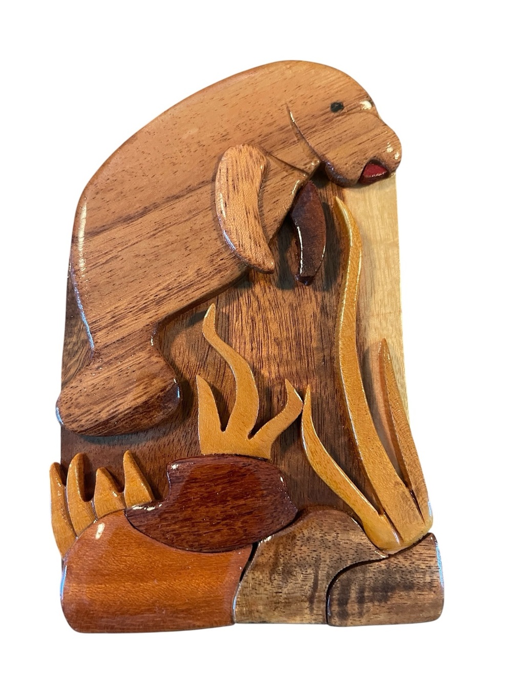 Carved Wooden Manatee Puzzle Treasure Stash Box Jewelry Sea Cow